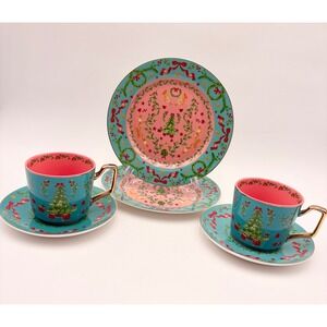 Monterey Bay Christmas Tree Teacup Saucer Plate Set Turquoise Pink Gold Trim